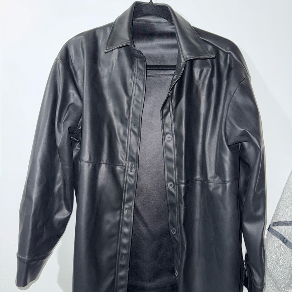 Black Faux Leather Shirt Jacket